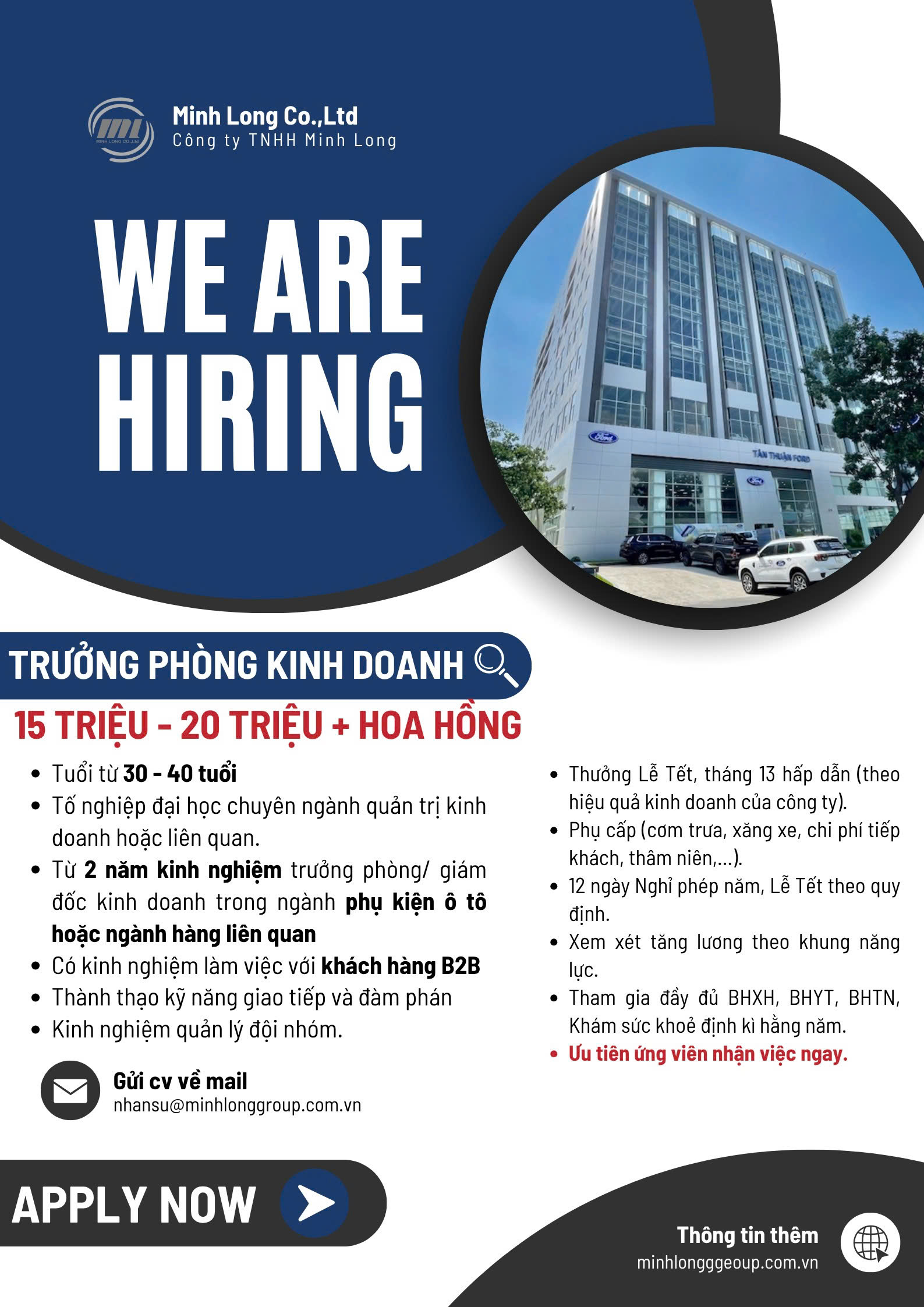 Minh Long – Tuyển Dụng Trưởng Phòng Kinh Doanh – Ngành Phụ Kiện Ô Tô