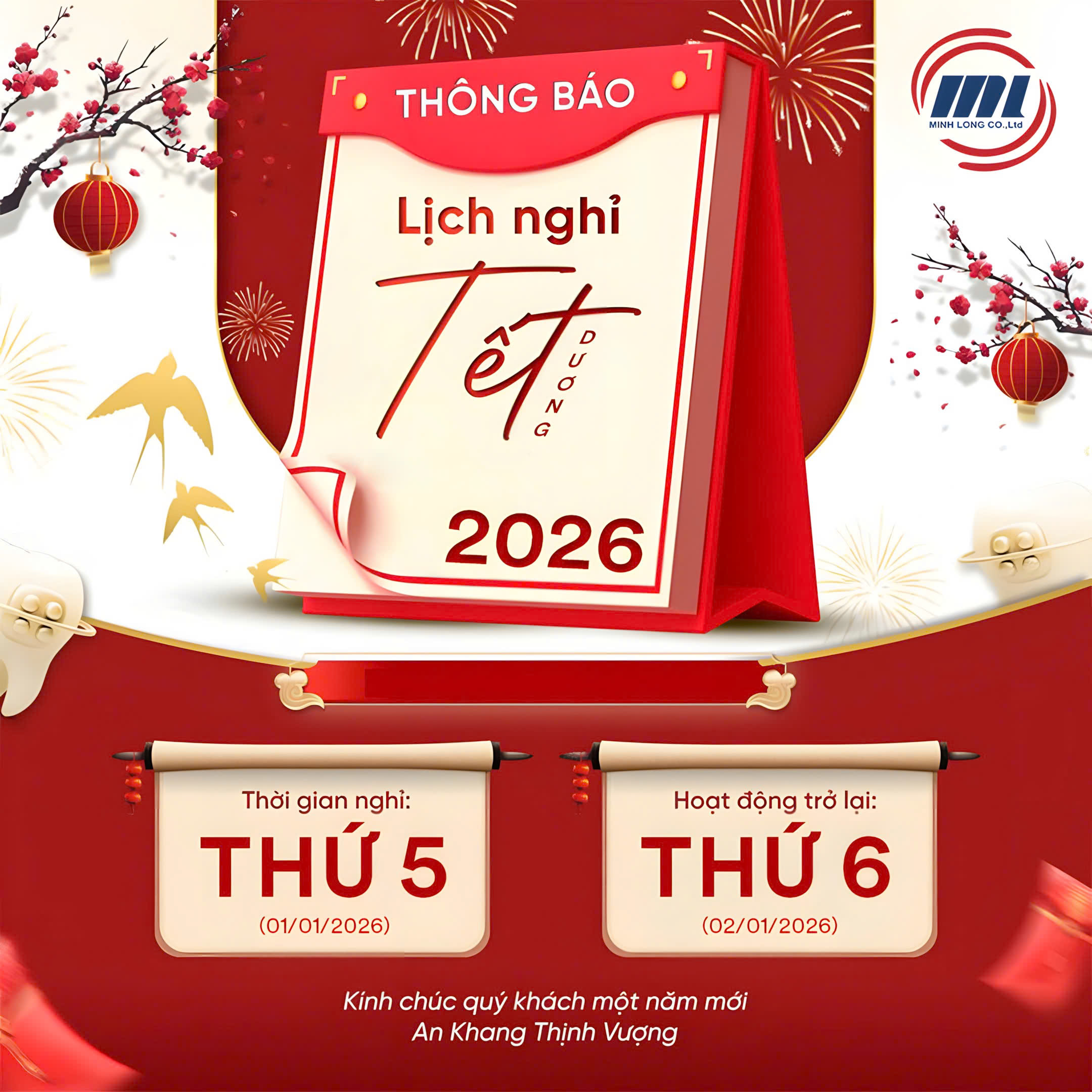Thông Báo Lịch Nghỉ Tết Dương Lịch 2026 – Minh Long